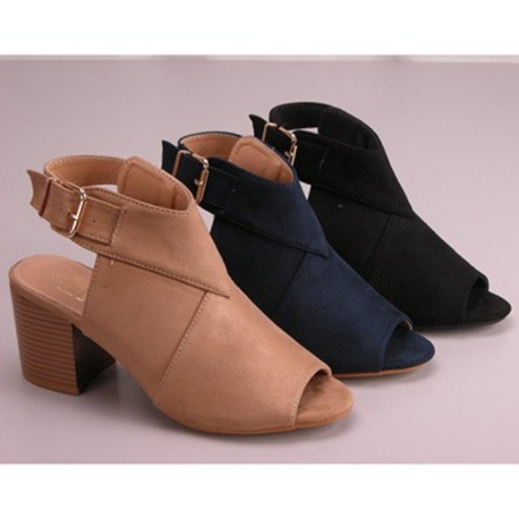Tan Vegan Suede Peep Toe Block Heel Booties - Picture 4 of 4